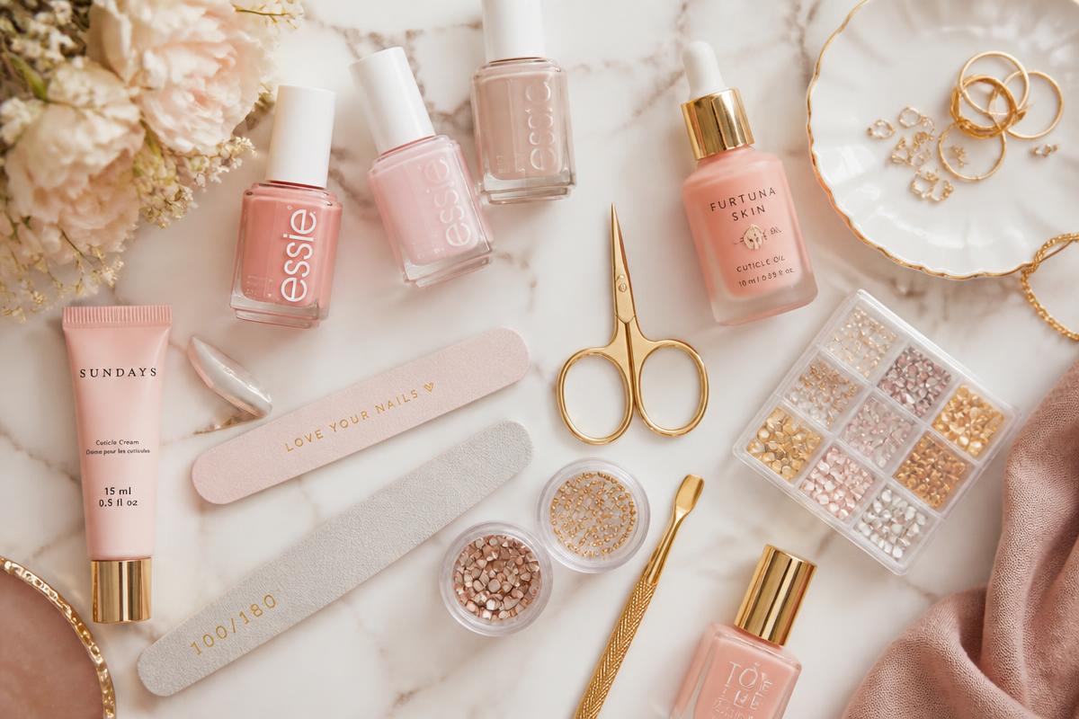 Premium nail salon tools and products arranged on marble